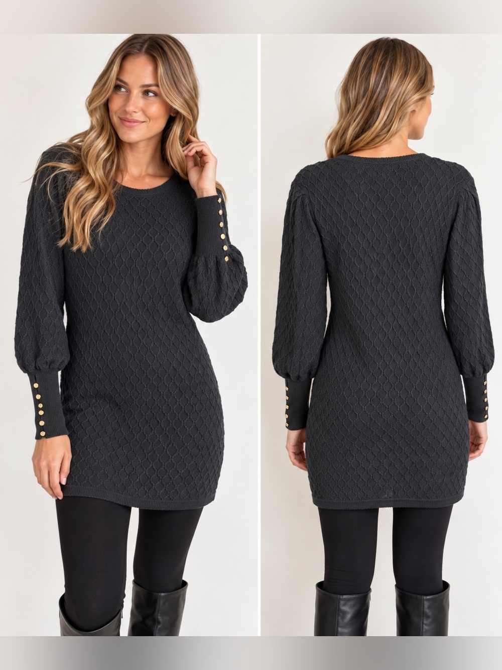 Lilly Pulitzer Black Knit Sweater Dress/ Tunic Gold Button Cuffs Size S